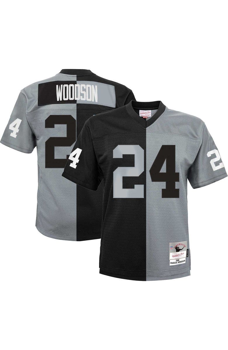 Mitchell & Ness Youth Mitchell & Ness Charles Woodson Black/Silver Las Vegas Raiders Split Legacy Jersey, Main, color, 