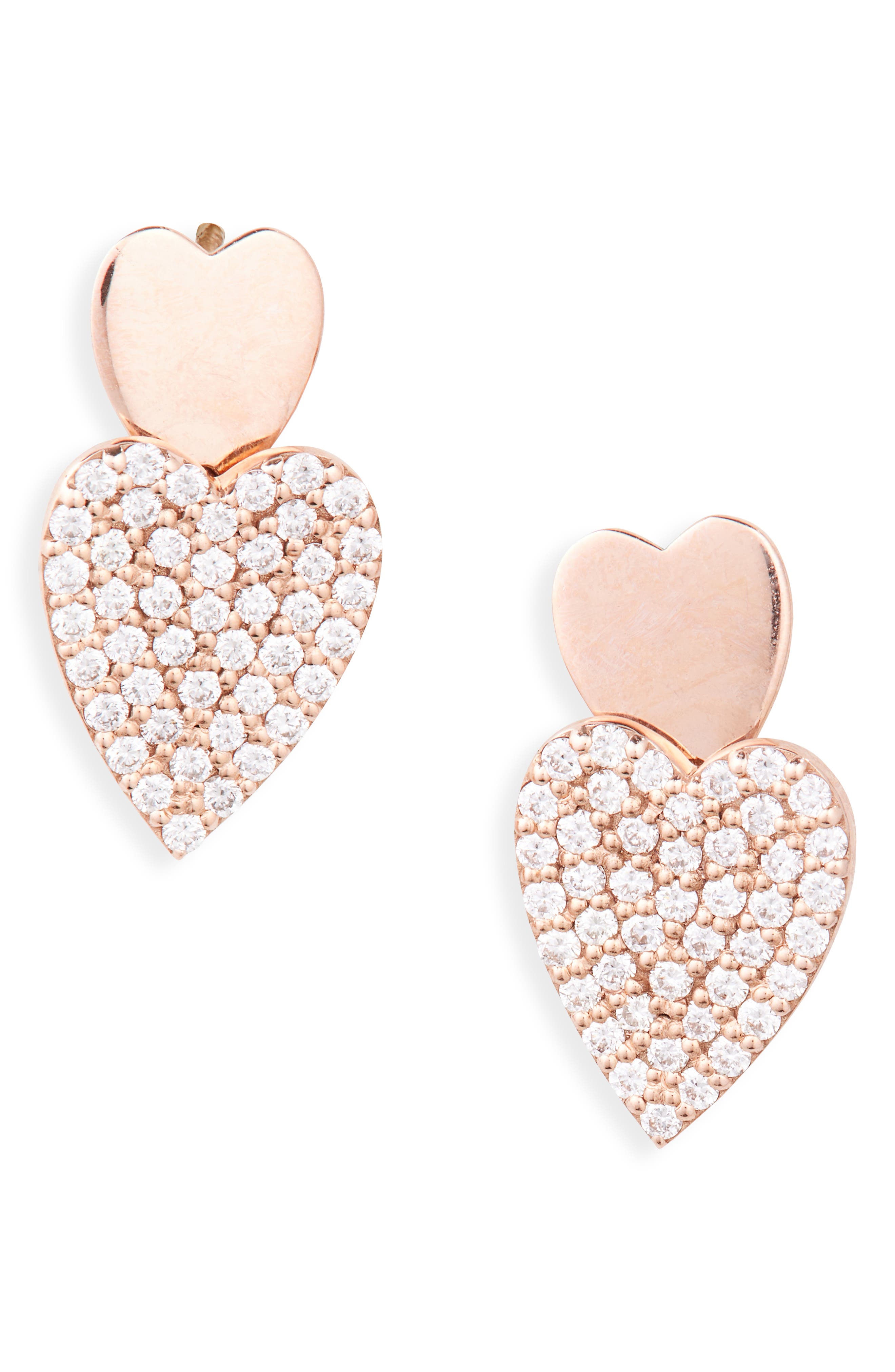 LANA 14K Rose Gold Pavé Diamond Double Heart Drop Earrings