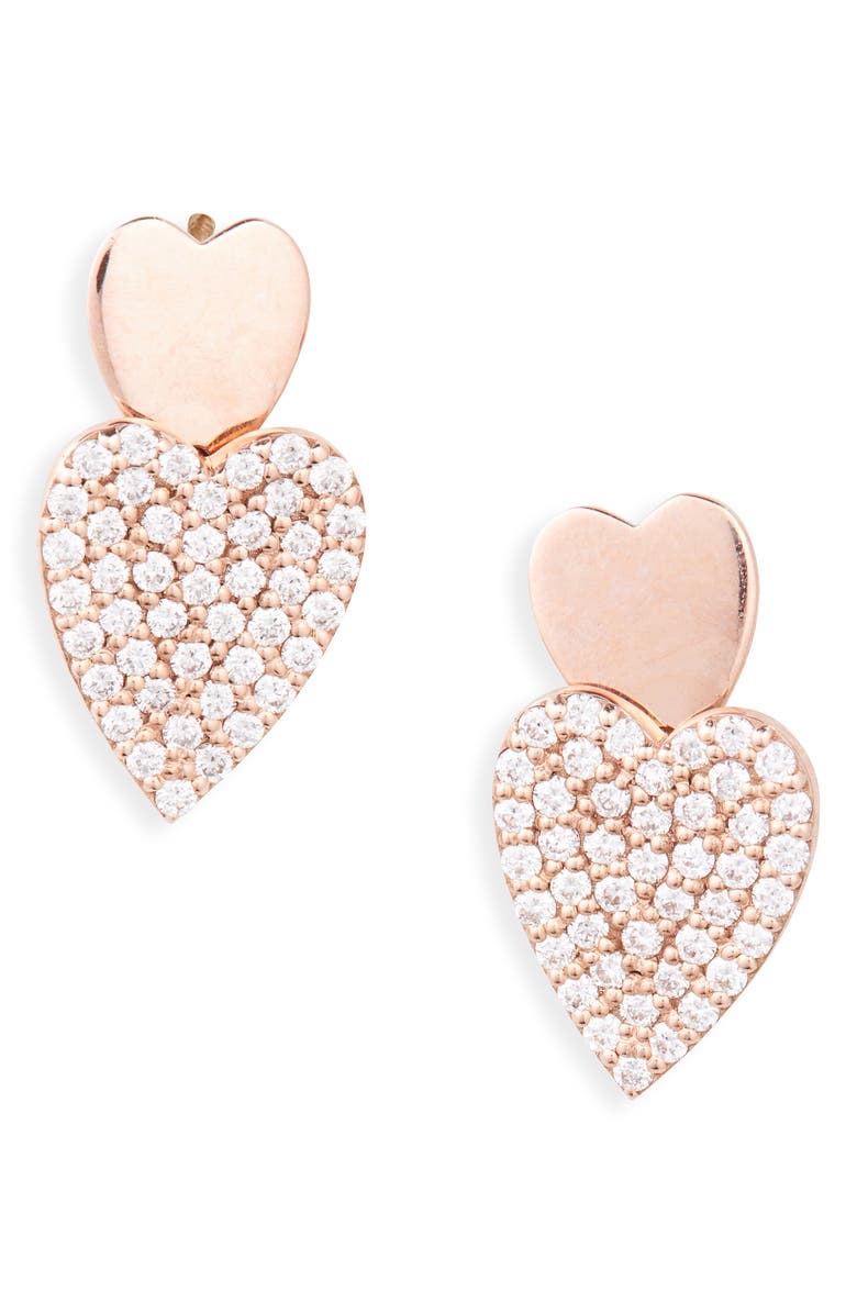 LANA 14K Rose Gold Pavé Diamond Double Heart Drop Earrings, Main, color, Rose