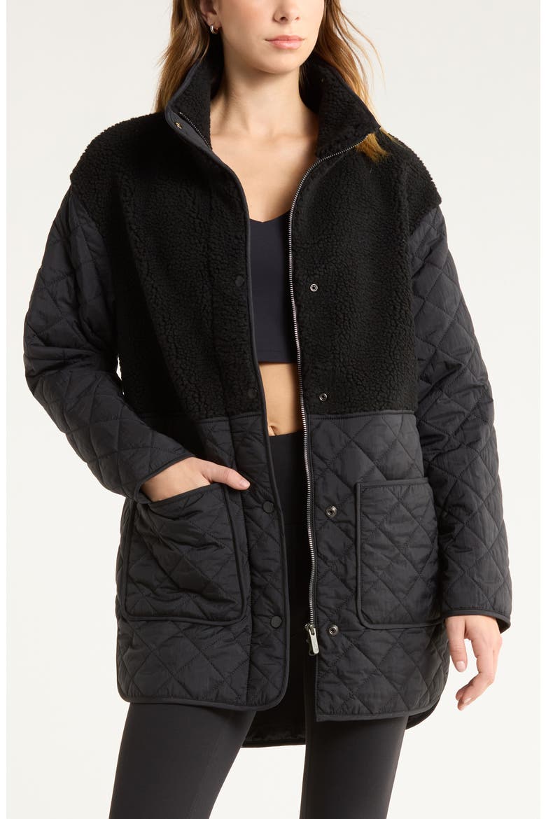 Faux Shearling Hybrid Quilted Long Jacket, Main, color, BLACK