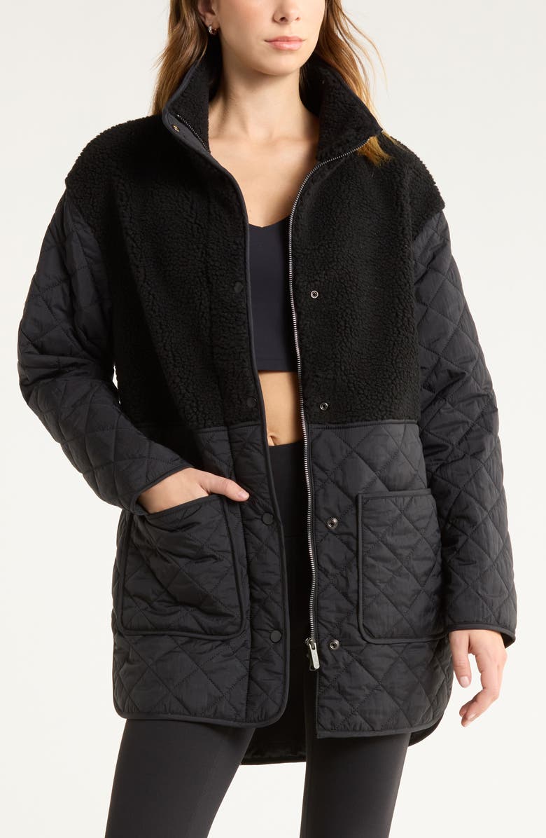 Zella Faux Shearling Trim Quilted Long Jacket, Main, color, Black