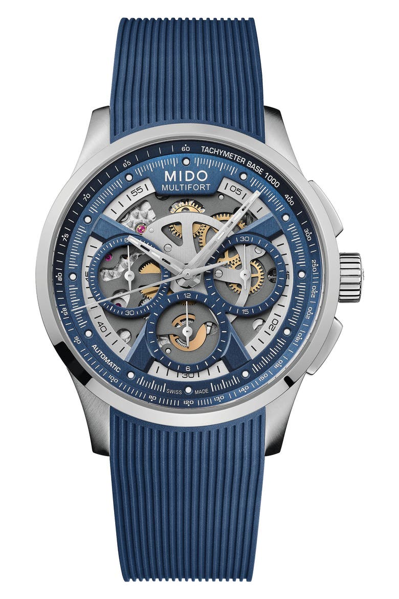 Multifort Skeleton Chronograph Automatic Rubber Strap Watch, 43mm, Main, color, BLUE