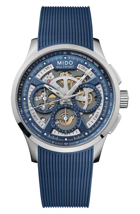 Multifort Skeleton Chronograph Automatic Rubber Strap Watch, 43mm