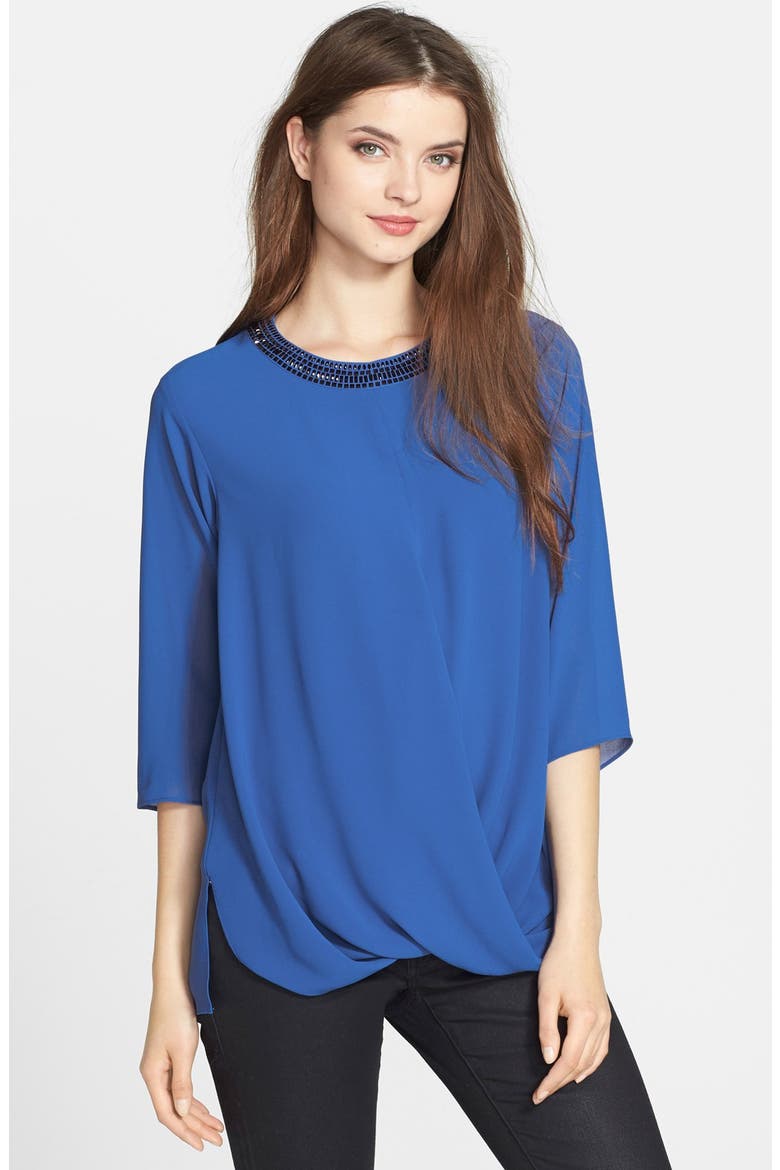 Embellished Neck Drape Front Top, Main, color, AMALFI BLUE
