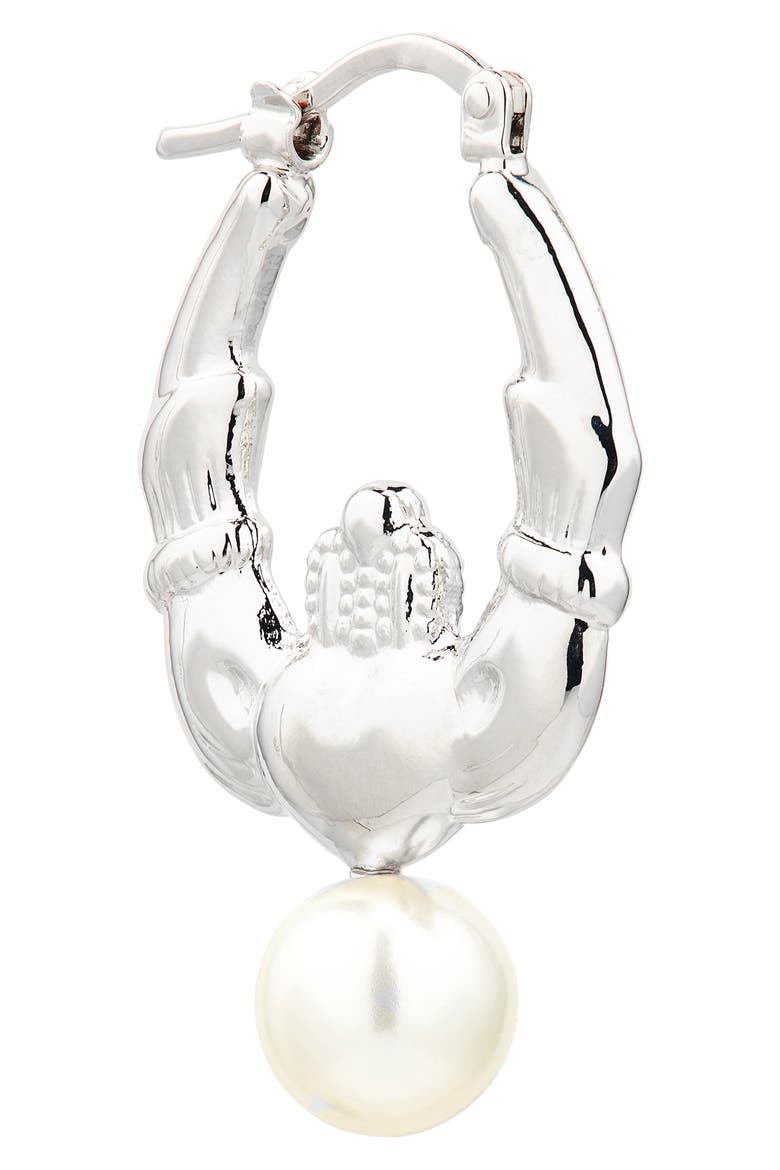 Faux Pearl Claddagh Hoop Earrings, Alternate, color, RHODIUM/ PEARL