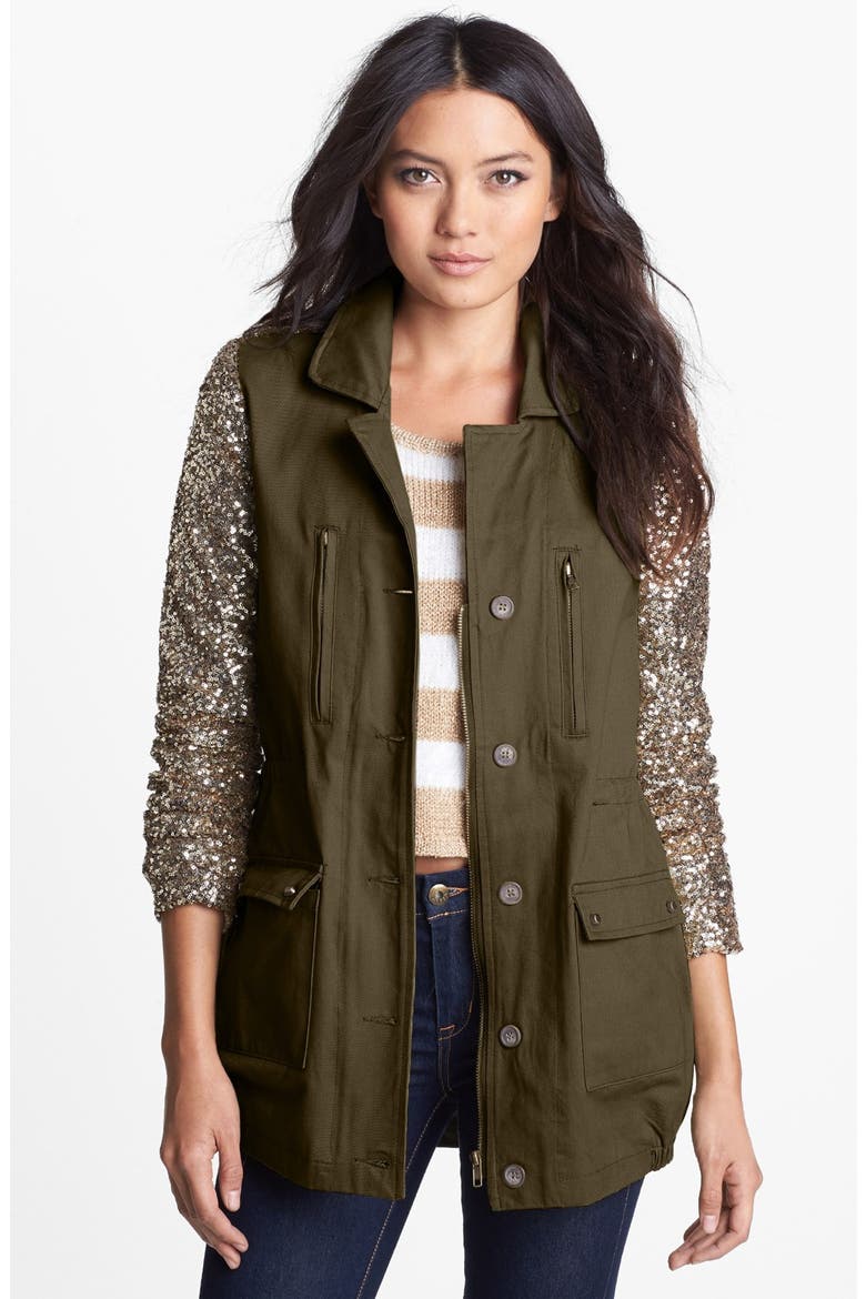 Sequin Sleeve Twill Jacket, Main, color, ARMY GREEN