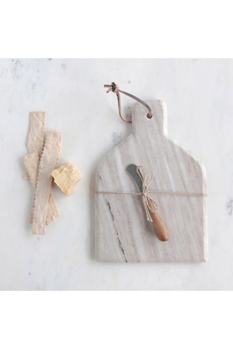 Marble Cheese and Cutting Board with Handle, Leather Tie and Canape Knife, Buff, Alternate, color, Brown