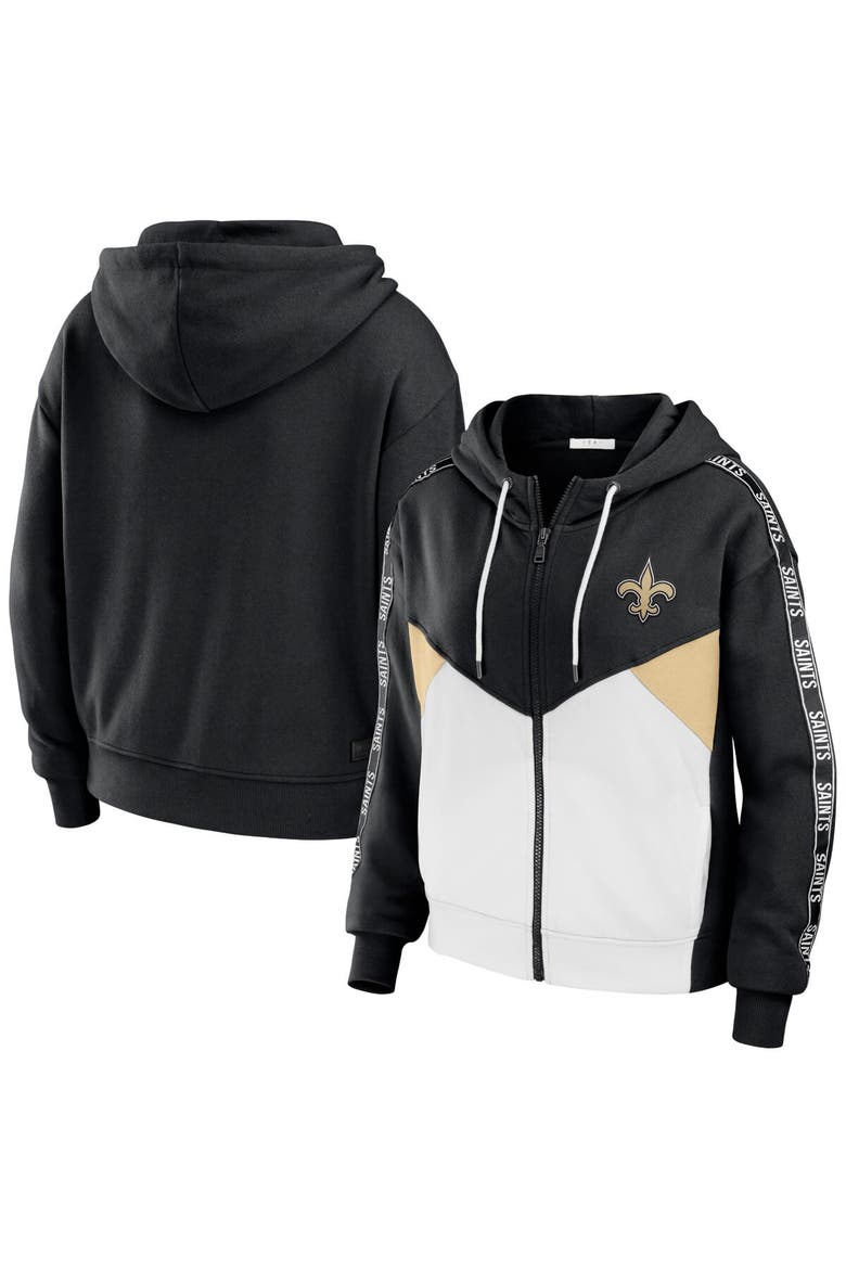 Women's WEAR by Erin Andrews Black/White New Orleans Saints Color Block Light Weight Modest Crop Full-Zip Hoodie, Alternate, color, Black