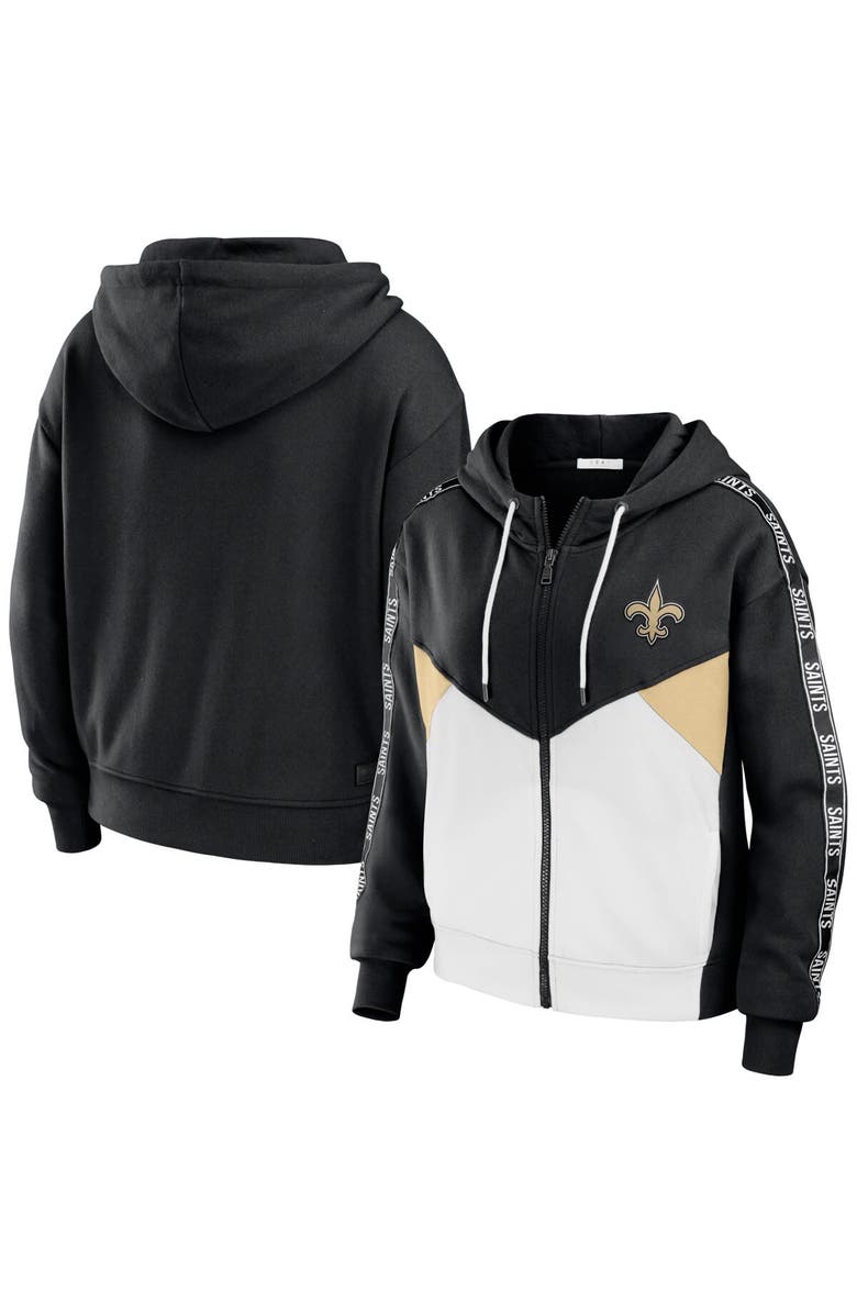 WEAR by Erin Andrews Women's WEAR by Erin Andrews Black/White New Orleans Saints Color Block Light Weight Modest Crop Full-Zip Hoodie, Alternate, color, Black