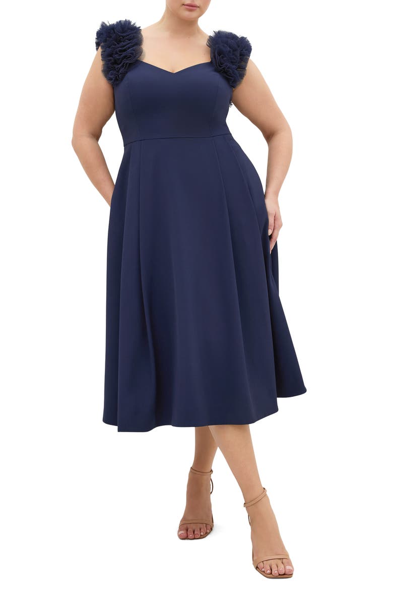Roselyn Fit & Flare Stretch Crepe Cocktail Dress, Main, color, NAVY
