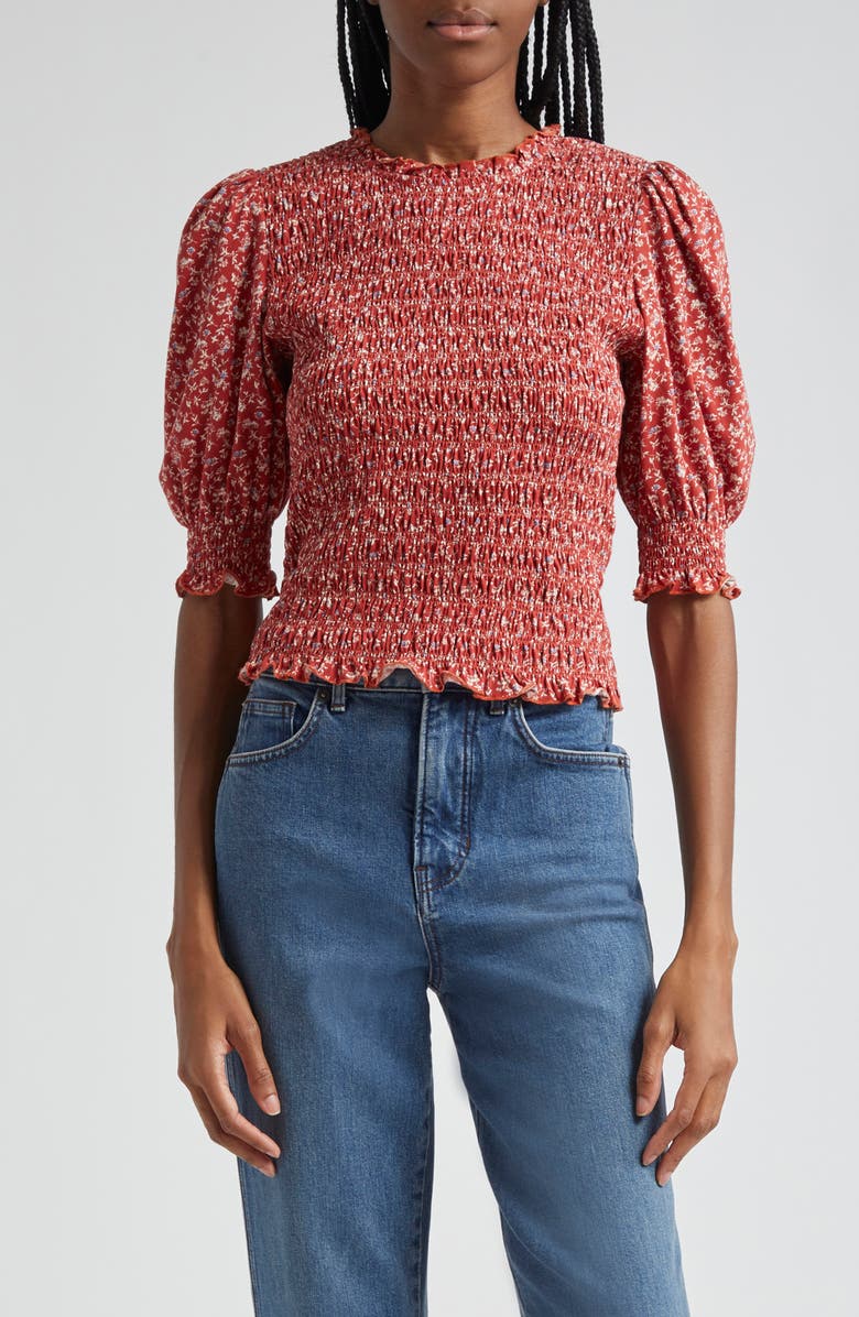 Veronica Beard Langston Smocked Puff Sleeve Top, Main, color, 