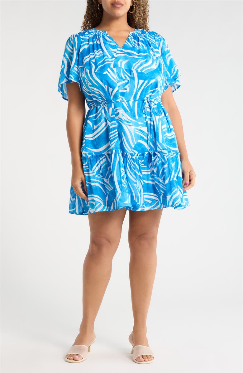 SUGARLIPS Canton Tropics Clarion Ruffle Cotton Minidress, Main, color, White/ Blue Multi