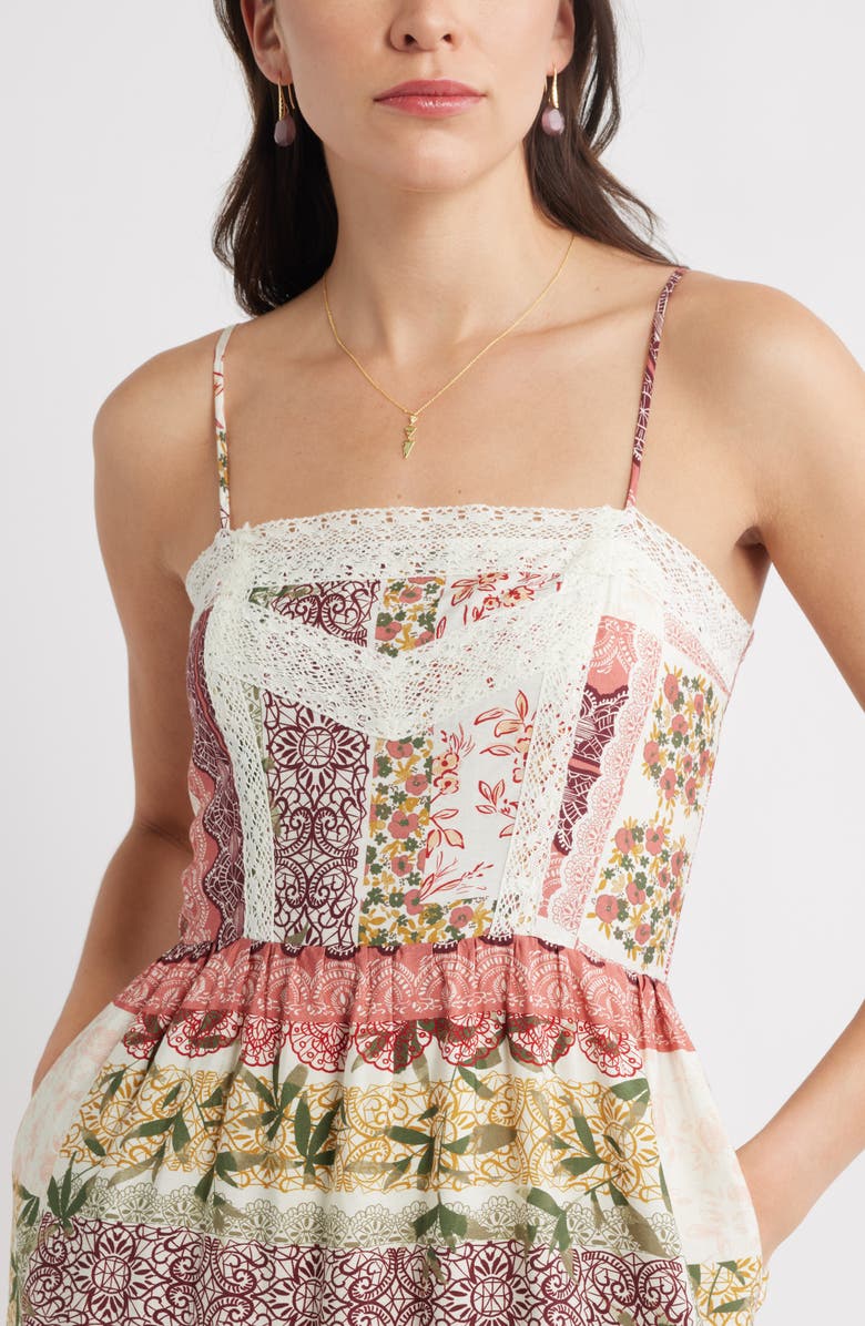 Chelsea28 Lace Inset Patchwork Midi Dress, Alternate, color, Burgundy Print Mix