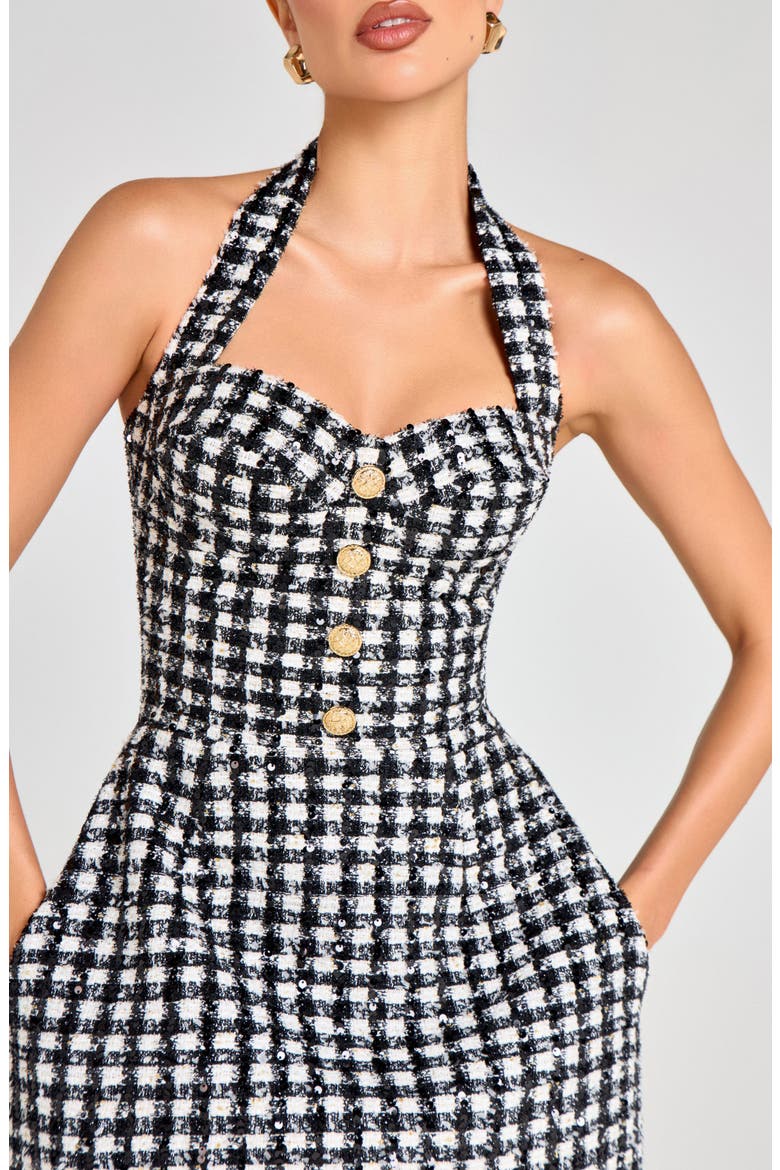 Metallic Tweed Halter Neck Cocktail Minidress, Alternate, color, BLACK / WHITE