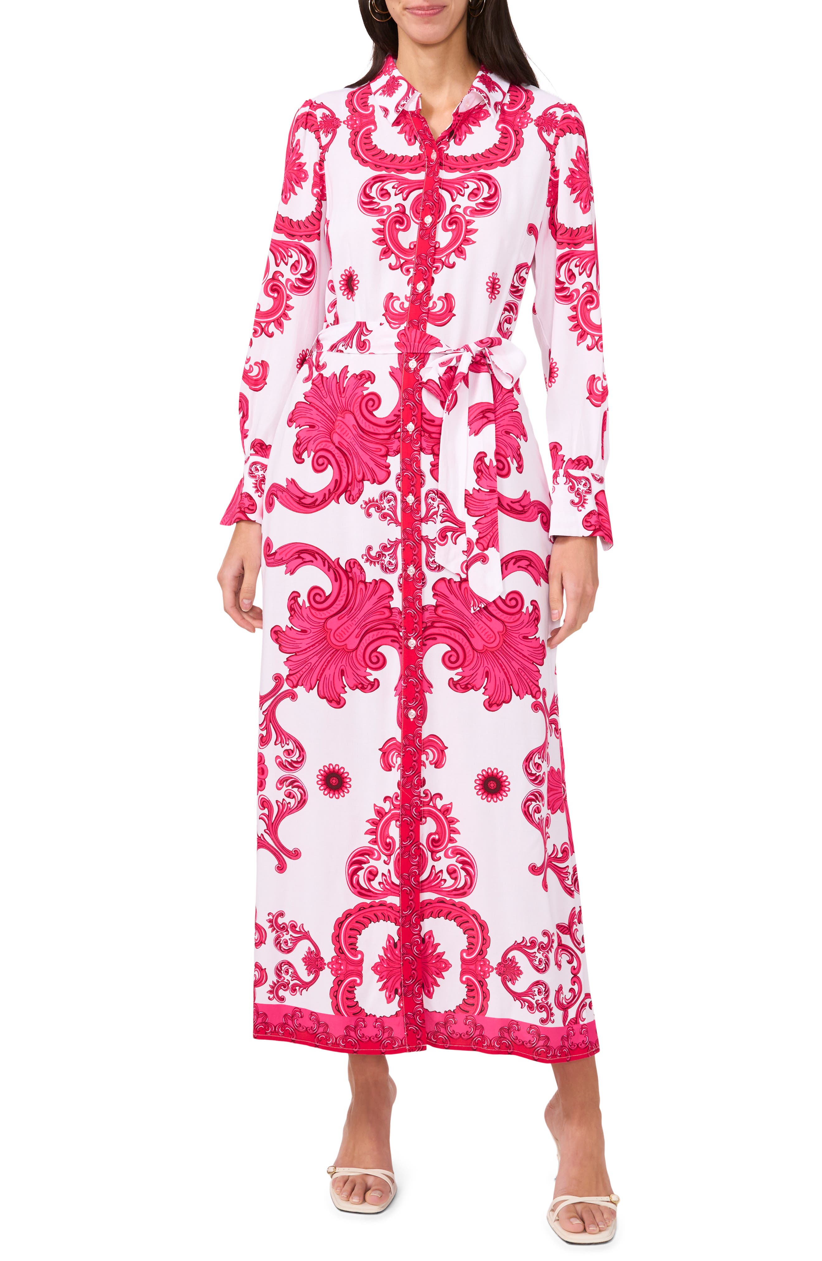 Print Long Sleeve Belted Shirtdress