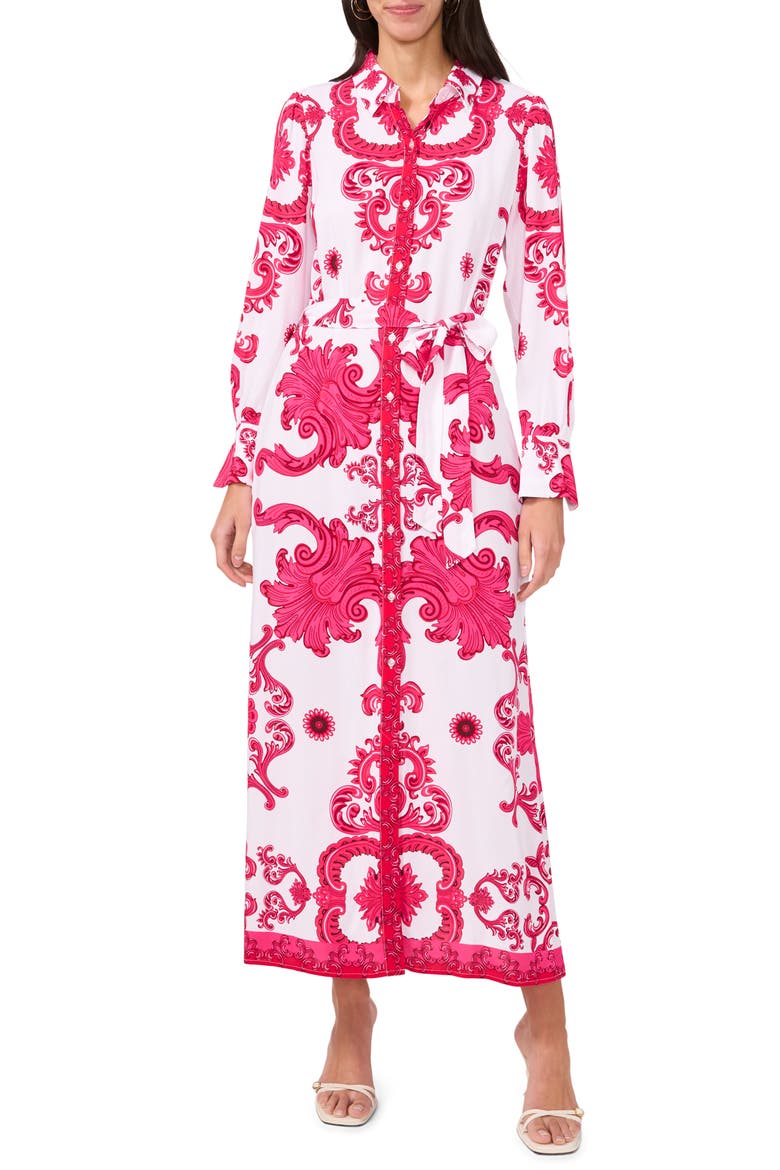 Print Long Sleeve Belted Shirtdress, Main, color, LUCENT WHITE