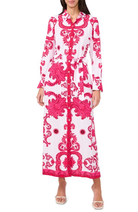 Print Long Sleeve Belted Shirtdress