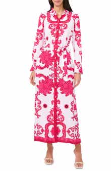 Print Long Sleeve Belted Shirtdress