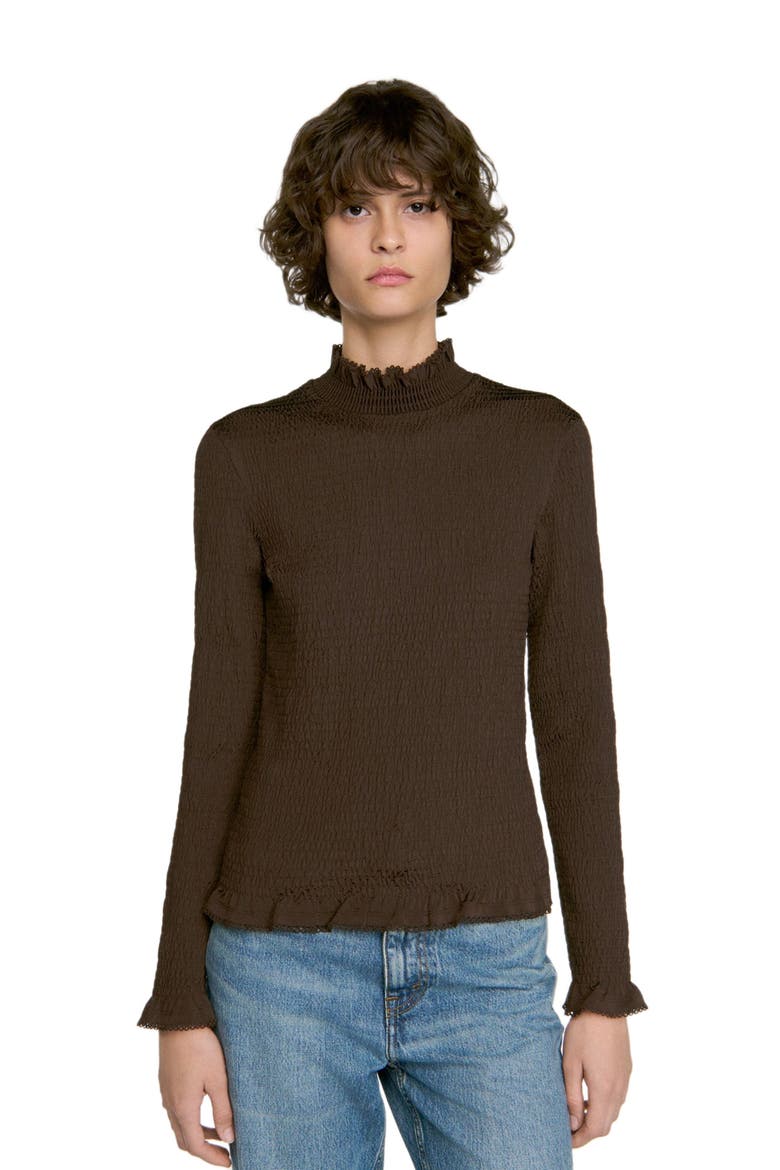 Smocked T-shirt with ruffle collar, Alternate, color, Brown