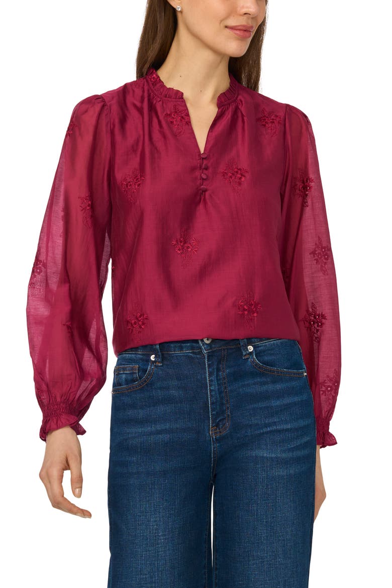Embroidered Ruffle Neck Top, Main, color, VIVID PLUM