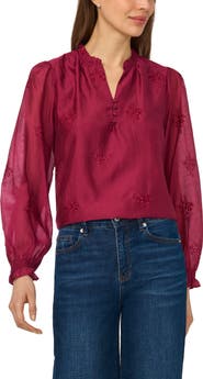 CeCe Embroidered Ruffle Neck Top