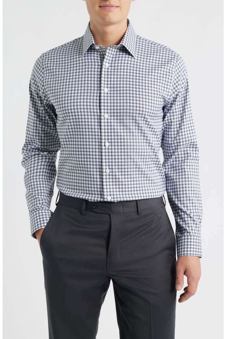 Trim Fit Check Premium Performance Twill Dress Shirt, Main, color, NAVY ALAMOS PLAID