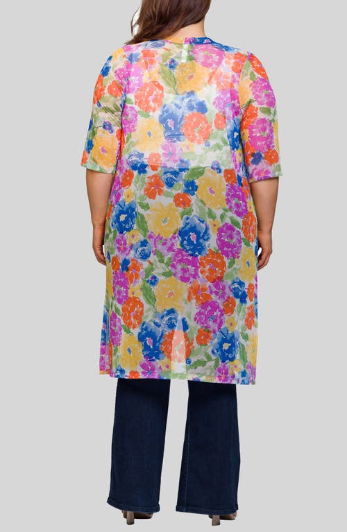 24seven Comfort Apparel Watercolor Floral Print Sheer Open Front Long Jacket In Multi
