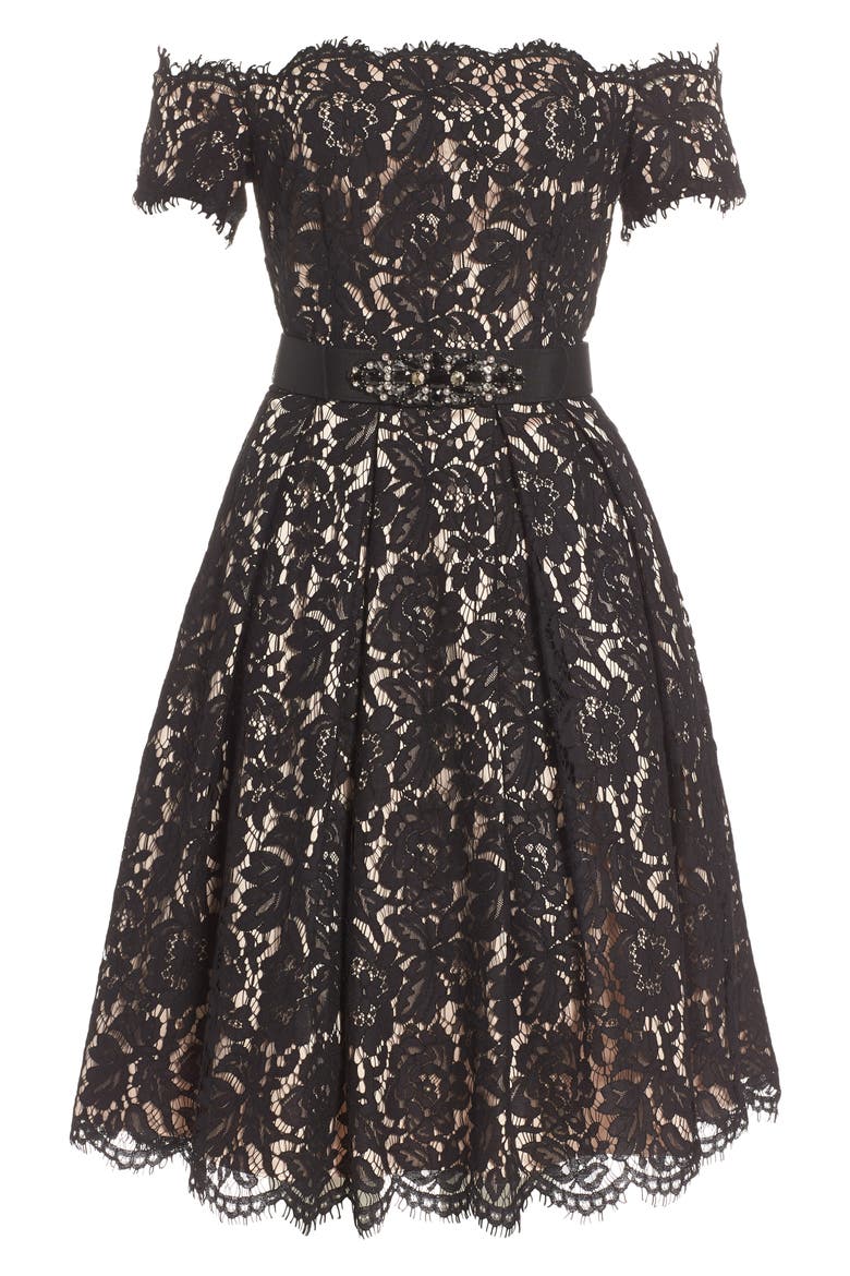 Embellished Lace Fit & Flare Dress, Alternate, color, BLACK/ TAN