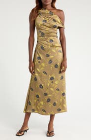 STAUD Phare One-Shoulder Stretch Silk Midi Dress