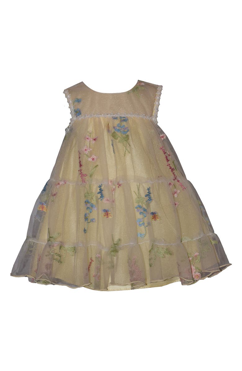 Iris & Ivy Kids' Glitter Embroidered Illusion Yoke Mesh Party Dress, Main, color, Yellow