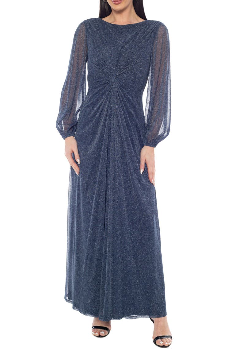 Knot Front Shimmer Long Sleeve Gown, Main, color, NAVY/ SILVER