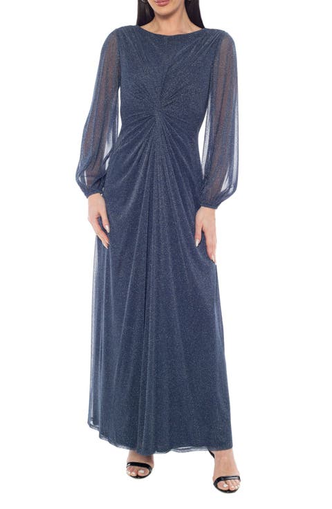 Knot Front Shimmer Long Sleeve Gown