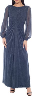 Oleg Cassini Knot Front Shimmer Long Sleeve Gown