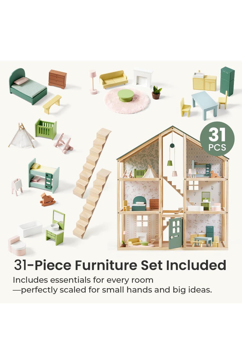 Wooden Dollhouse Set with 6 Rooms and 31 Piece Furniture for Kids, Alternate, color, Multicolor