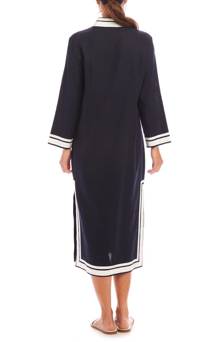 Karen Kane The St. Tropez Long Sleeve Linen Blend Midi Dress, Alternate, color, Navy W/ Off White