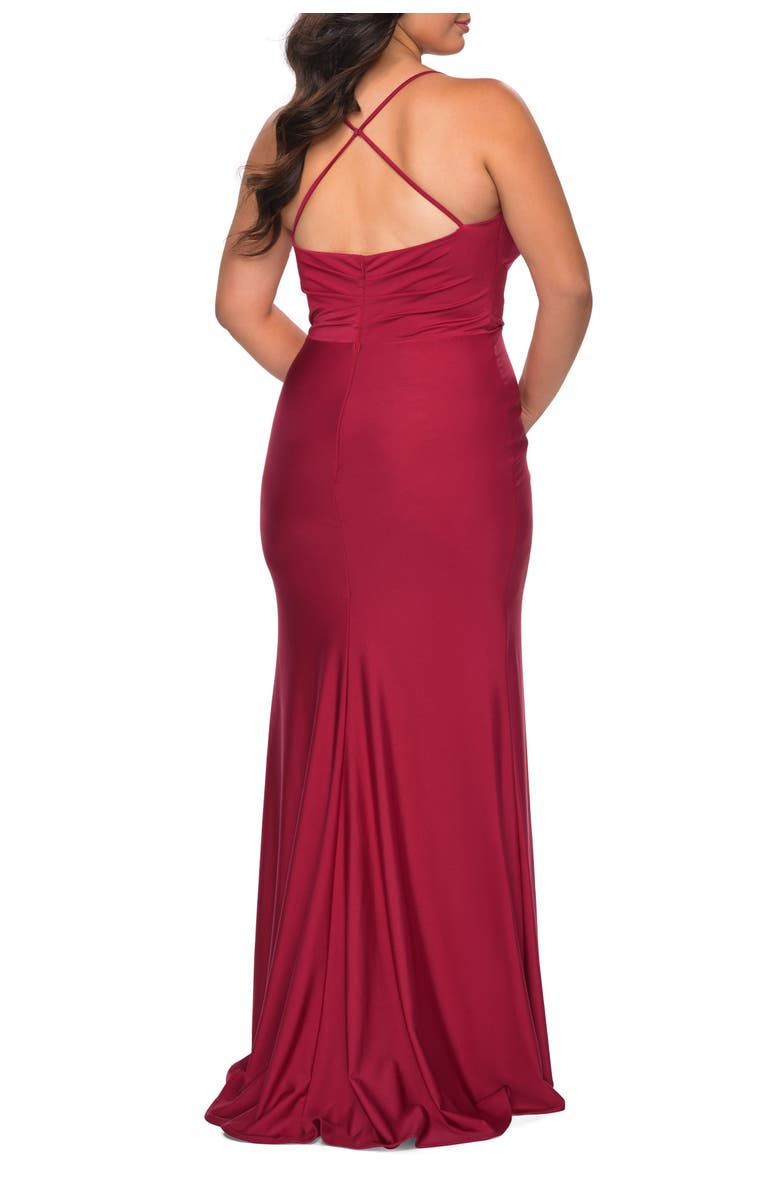 La Femme Jersey Dress for Curves with Slit and Criss Cross Back, Alternate, color, Red