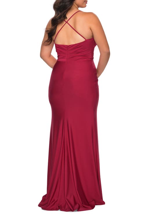 La Femme Jersey Dress For Curves With Slit And Criss Cross Back