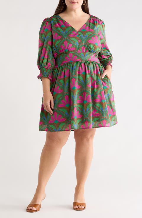 Evanna Floral Print Long Sleeve Dress (Plus)