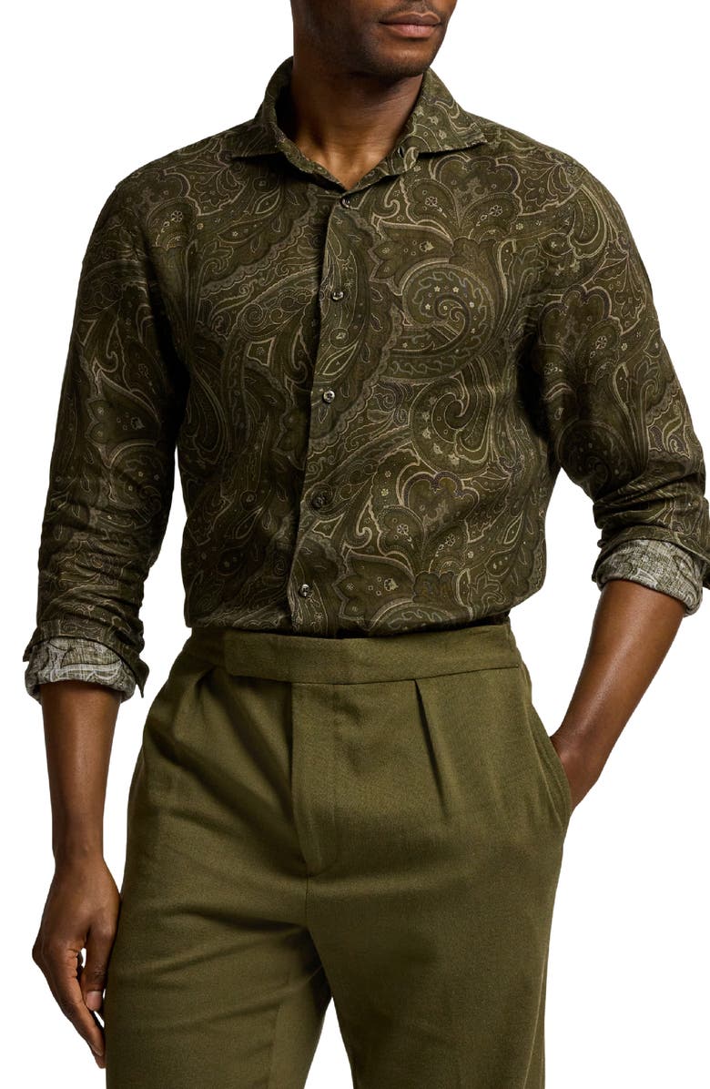 Ralph Lauren Purple Label Rinaldo Paisley Print Linen Button-Up Shirt, Main, color, Loden Multi