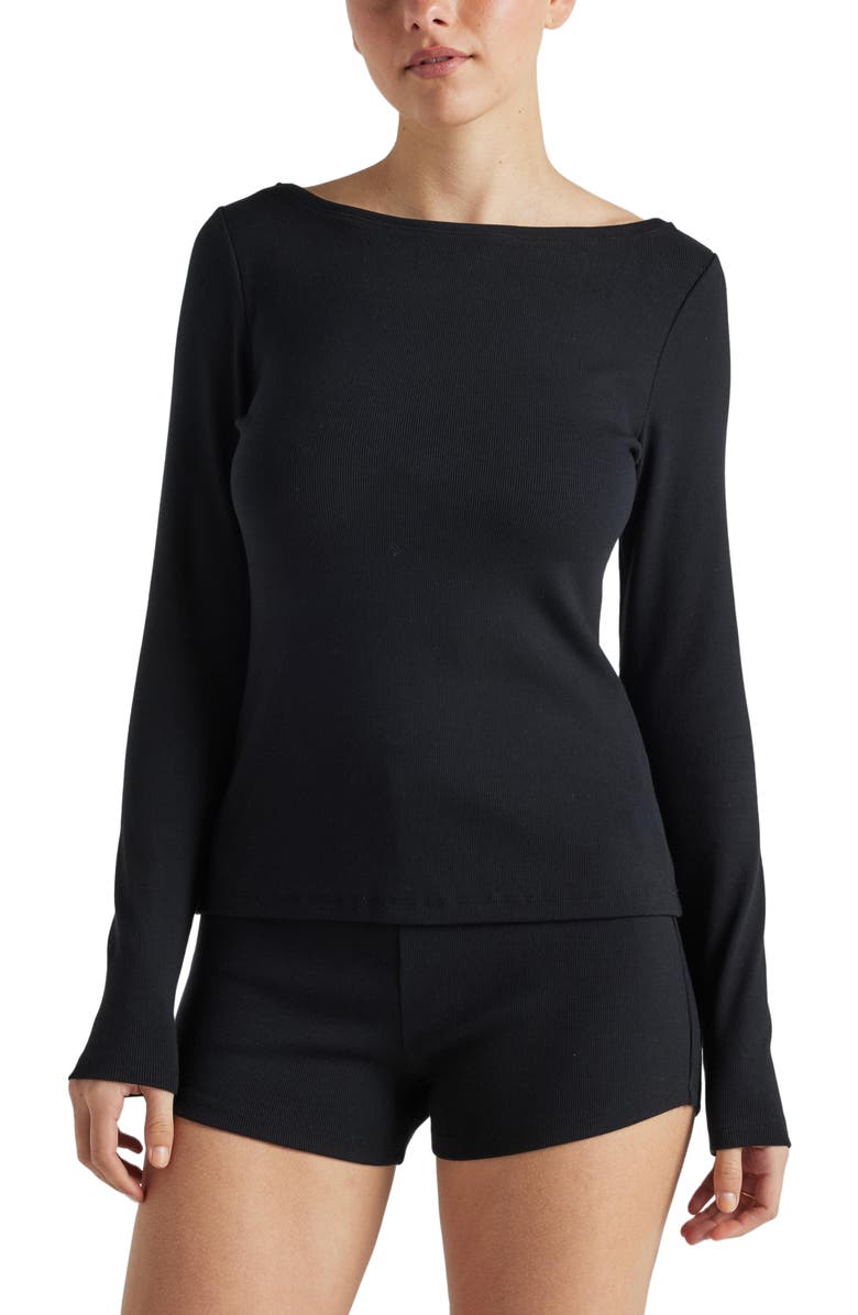 Losano Serene Rib Long Sleeve Top, Main, color, Black