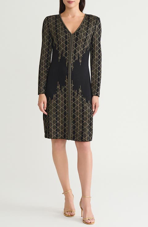 Art Deco Metallic Long Sleeve Sheath Dress