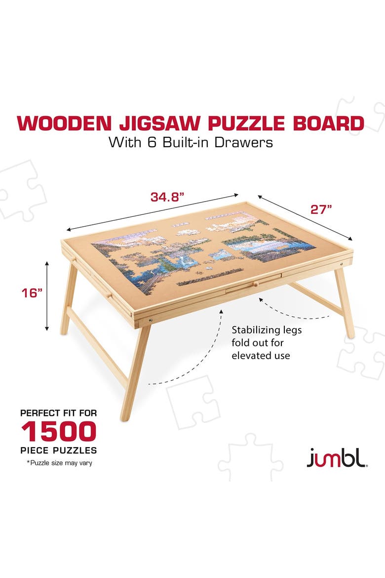 1500-Piece Wooden Puzzle Board with Drawers, Foldable Legs & Cover, Alternate, color, Beige