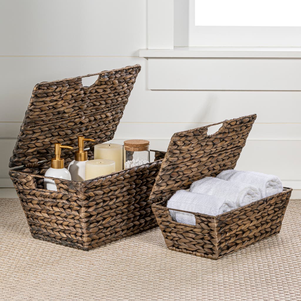 Happimess Wilder Classic Farmhouse Woven Hyacinth Rectangular Storage Baskets With Lids And Handles, In Brown