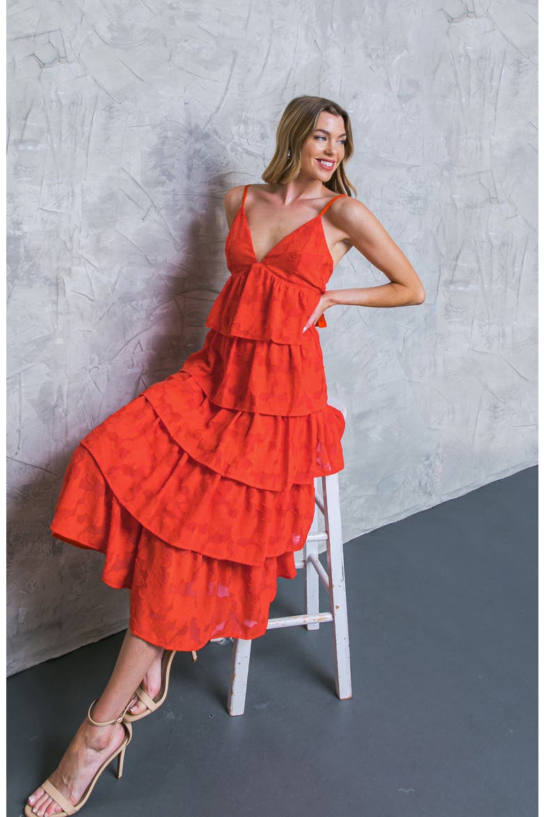 Tiered Midi Dress, Alternate, color, TOMATO RED