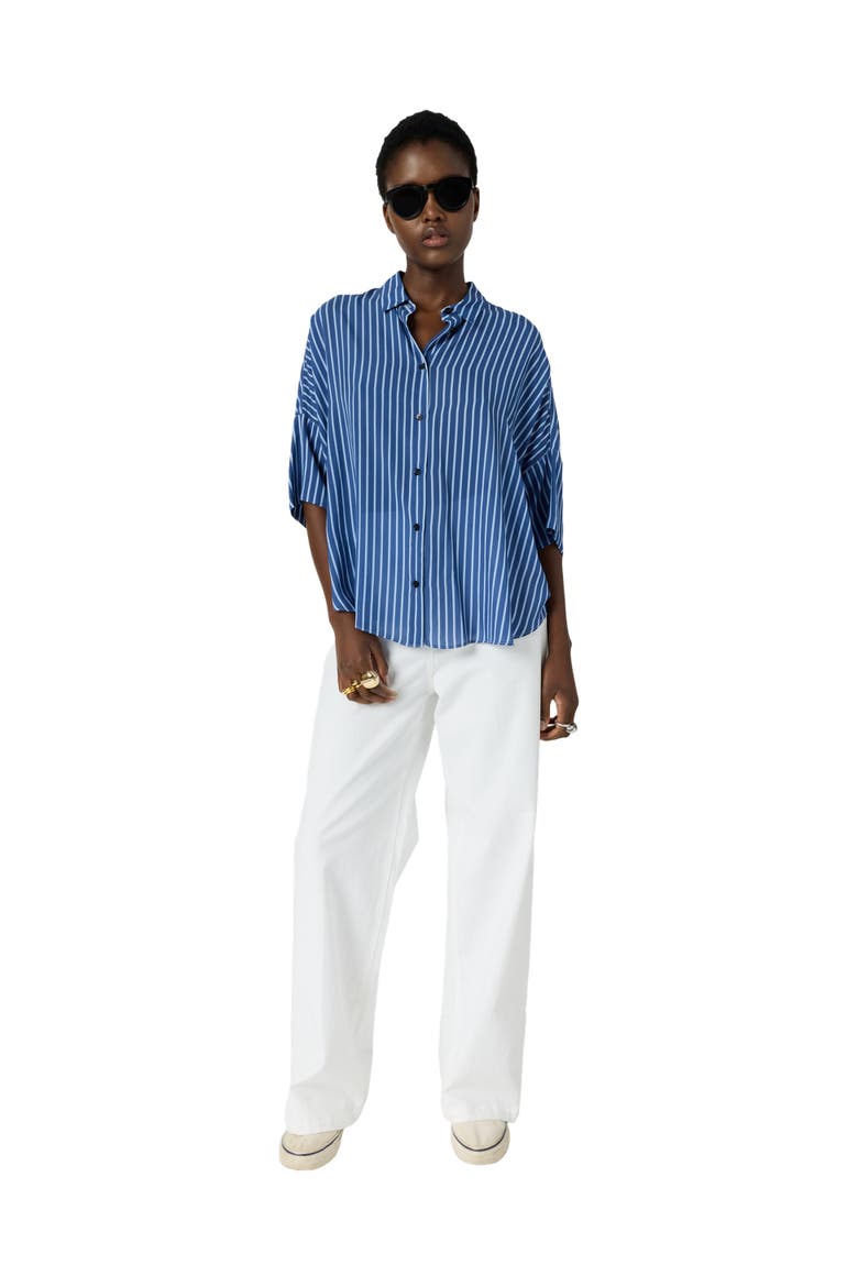 Crissy Draped Three-Quarter Sleeve Shirt, Alternate, color, Indigo