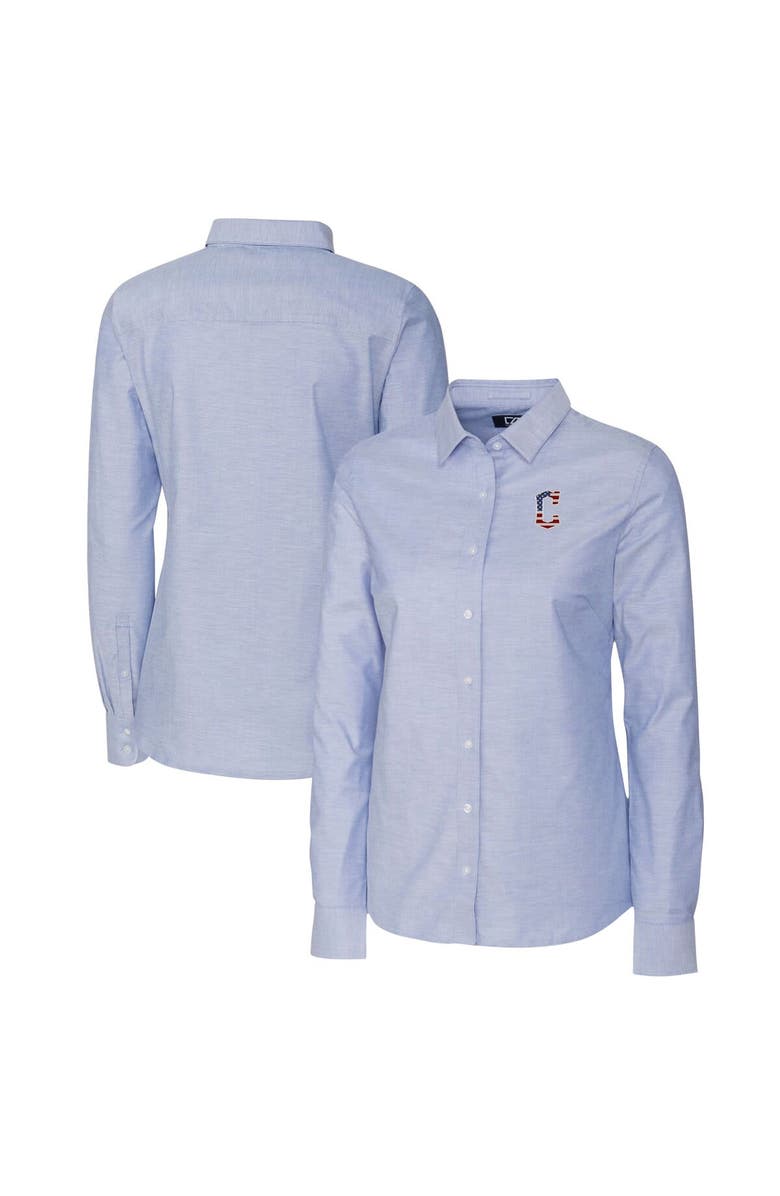 Cutter & Buck Women's Cutter & Buck Light Blue Cleveland Guardians Americana Logo Oxford Stretch Long Sleeve Button-Up Shirt, Main, color, 