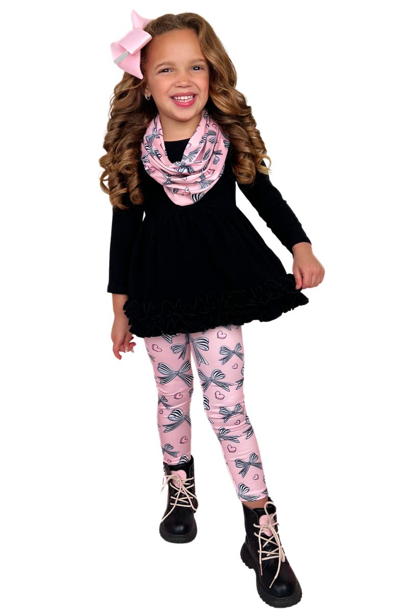 Mia Belle Girls Heart and Soul Tunic, Scarf and Bows Legging Set, Main, color, 