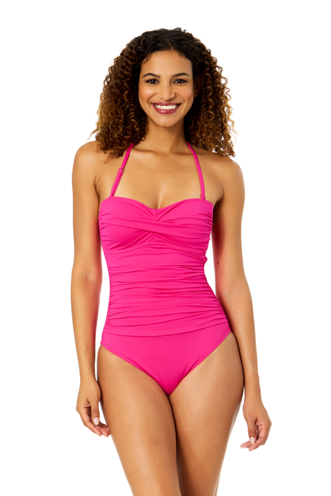Women's Live In Color Solid Twist Front Shirred One Piece Swimsuit