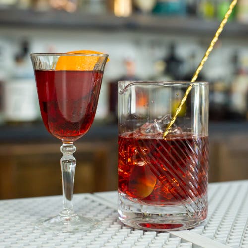 A Bar Above Cocktail Mixing Glass, Deco Style In Glass