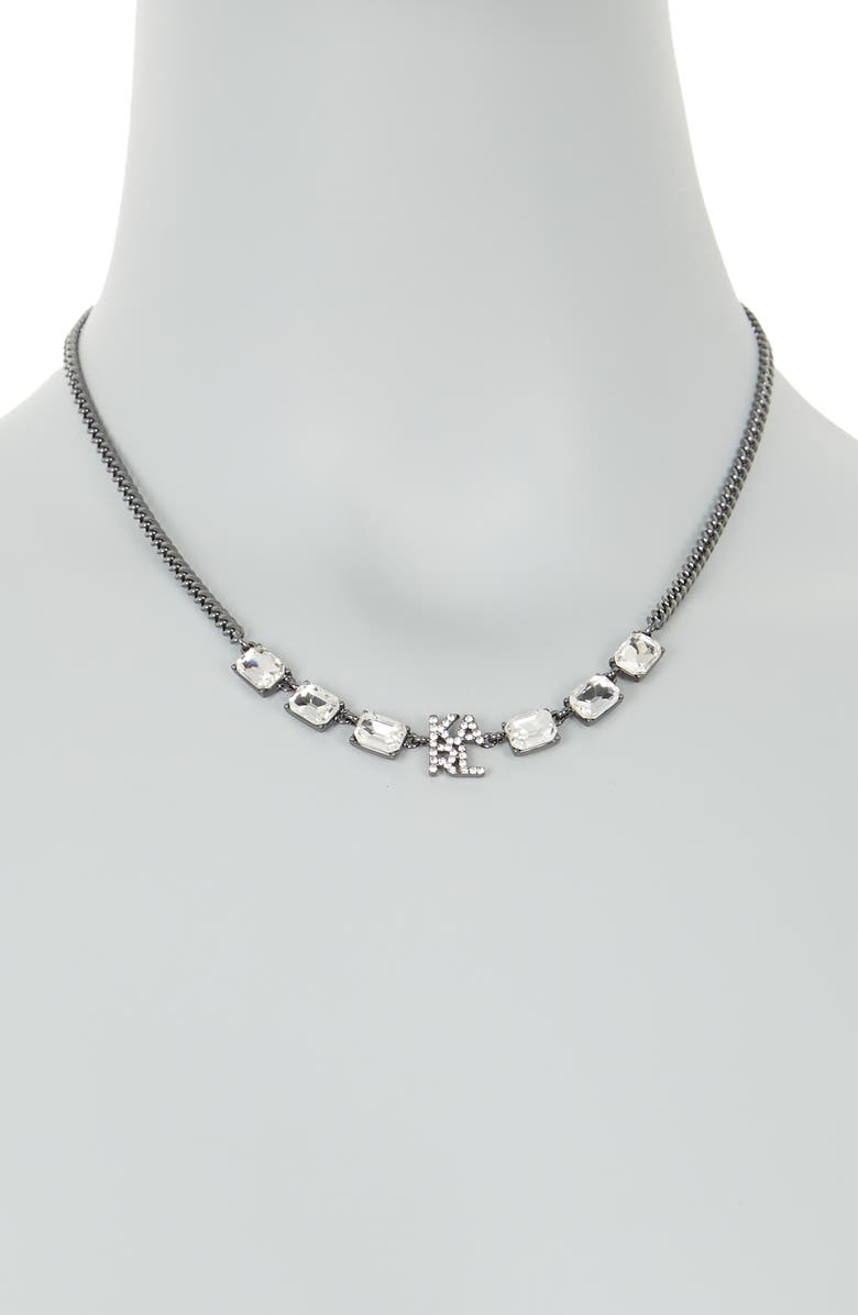 KARL LAGERFELD PARIS Silver-Tone Crystal Logo Chain Necklace, Alternate, color, 
